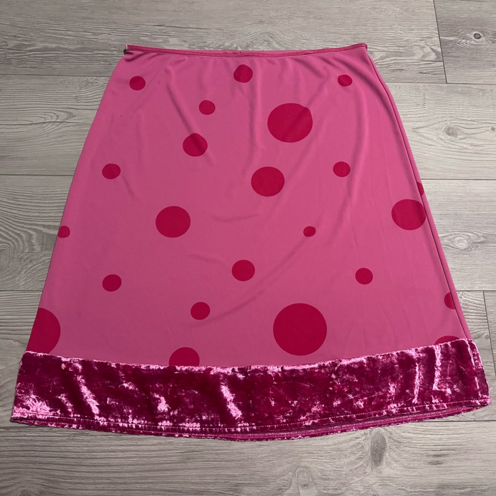 Vintage GAP Pink Polka Dot Knee Length Skirt with Velvet Trim, Stretchy, Size L